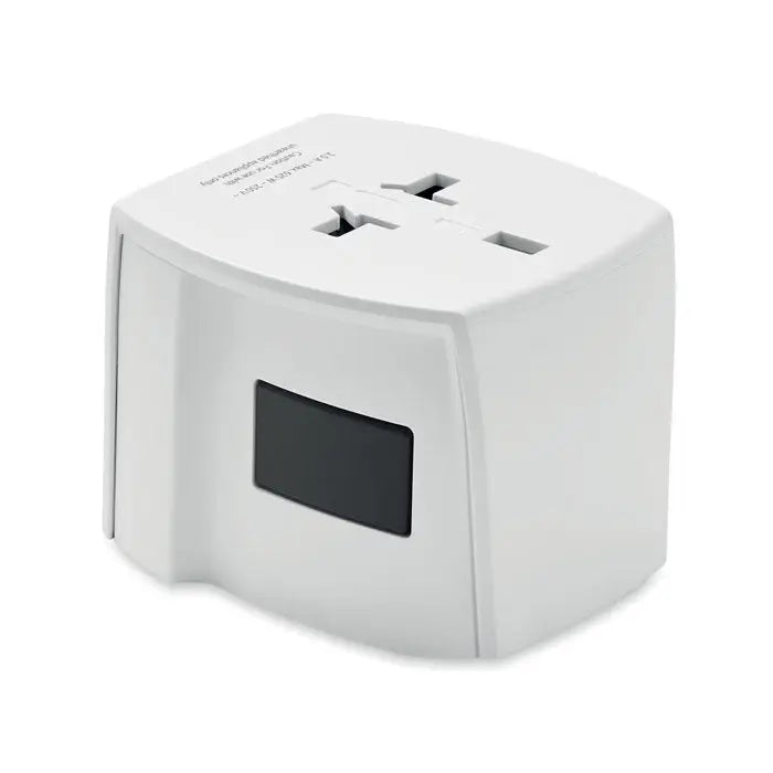 Adaptor Skross MUV USB A C alb din plastic universal cu configuratii multiple de prize si afisaj negru rectangular