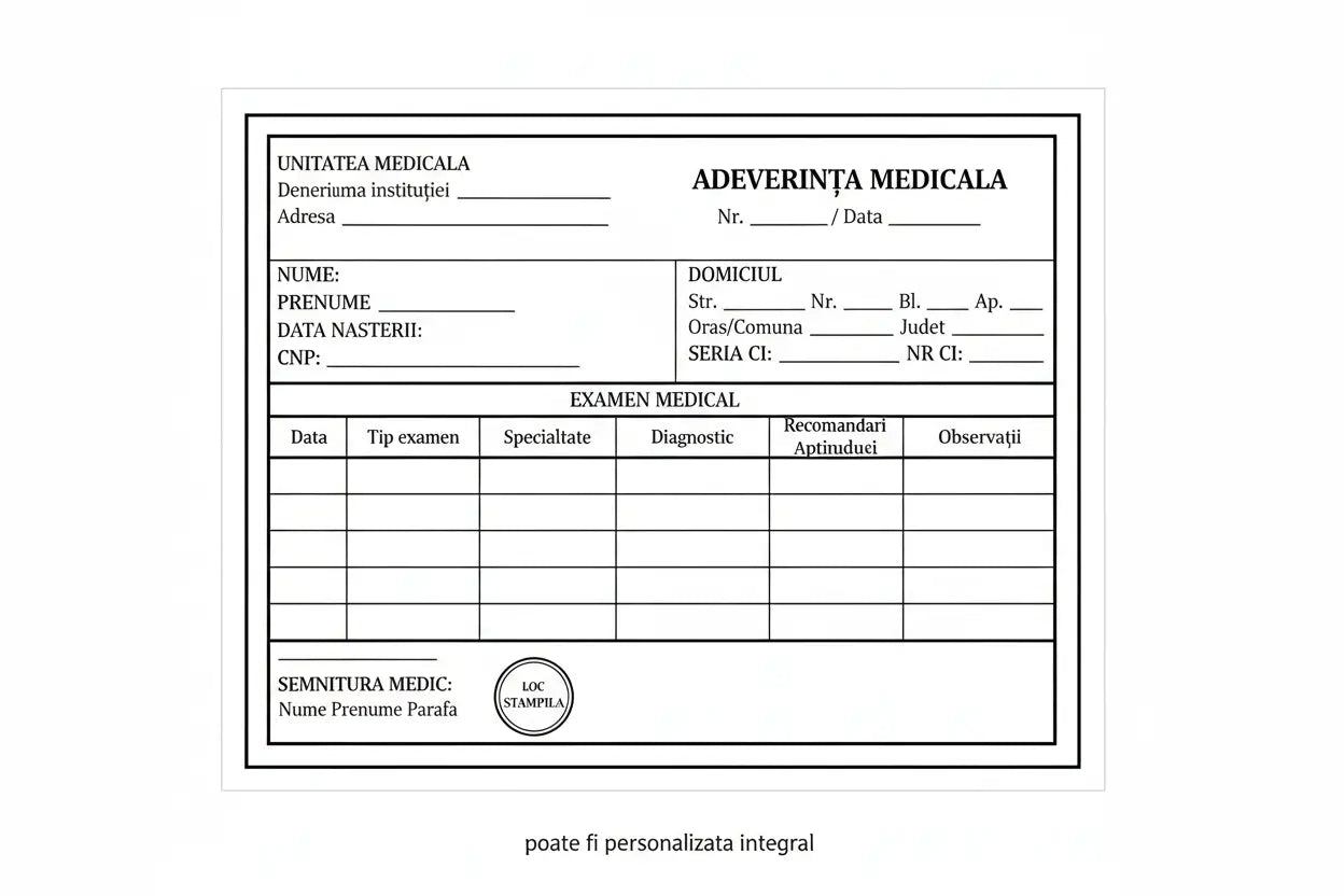 Adeverință medicală tipizată a6 cu text negru pe fundal alb, format complet pentru detalii pacient și medical