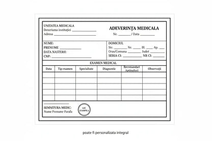 Adeverință medicală tipizată a6 cu text negru pe fundal alb, format complet pentru detalii pacient și medical