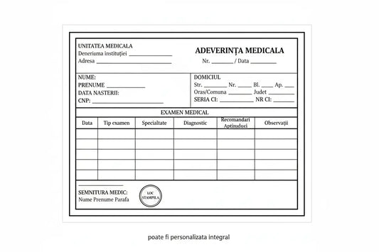 Adeverință medicală tipizată a6 cu text negru pe fundal alb, format complet pentru detalii pacient și medical