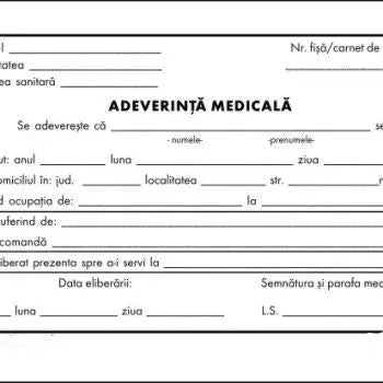 Adeverință medicală tipizată a6 cu text negru pe hârtie albă potrivită pentru completare personalizabilă