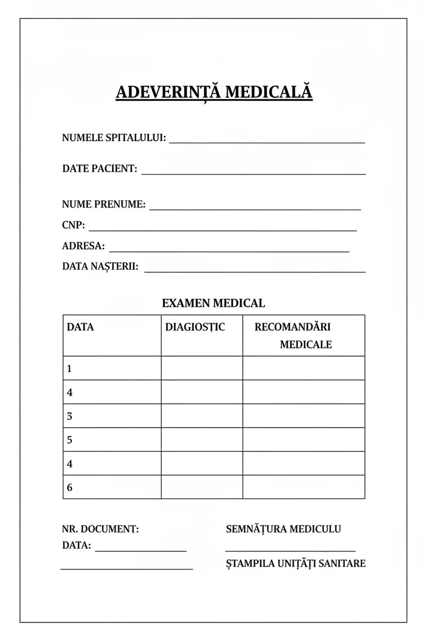 Adeverință medicală tipizată a6 albă cu text negru pentru informații pacient diagnostic și ștampilă medic 100 file personalizabilă