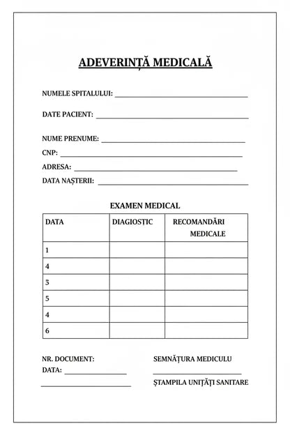 Adeverință medicală tipizată a6 albă cu text negru pentru informații pacient diagnostic și ștampilă medic 100 file personalizabilă