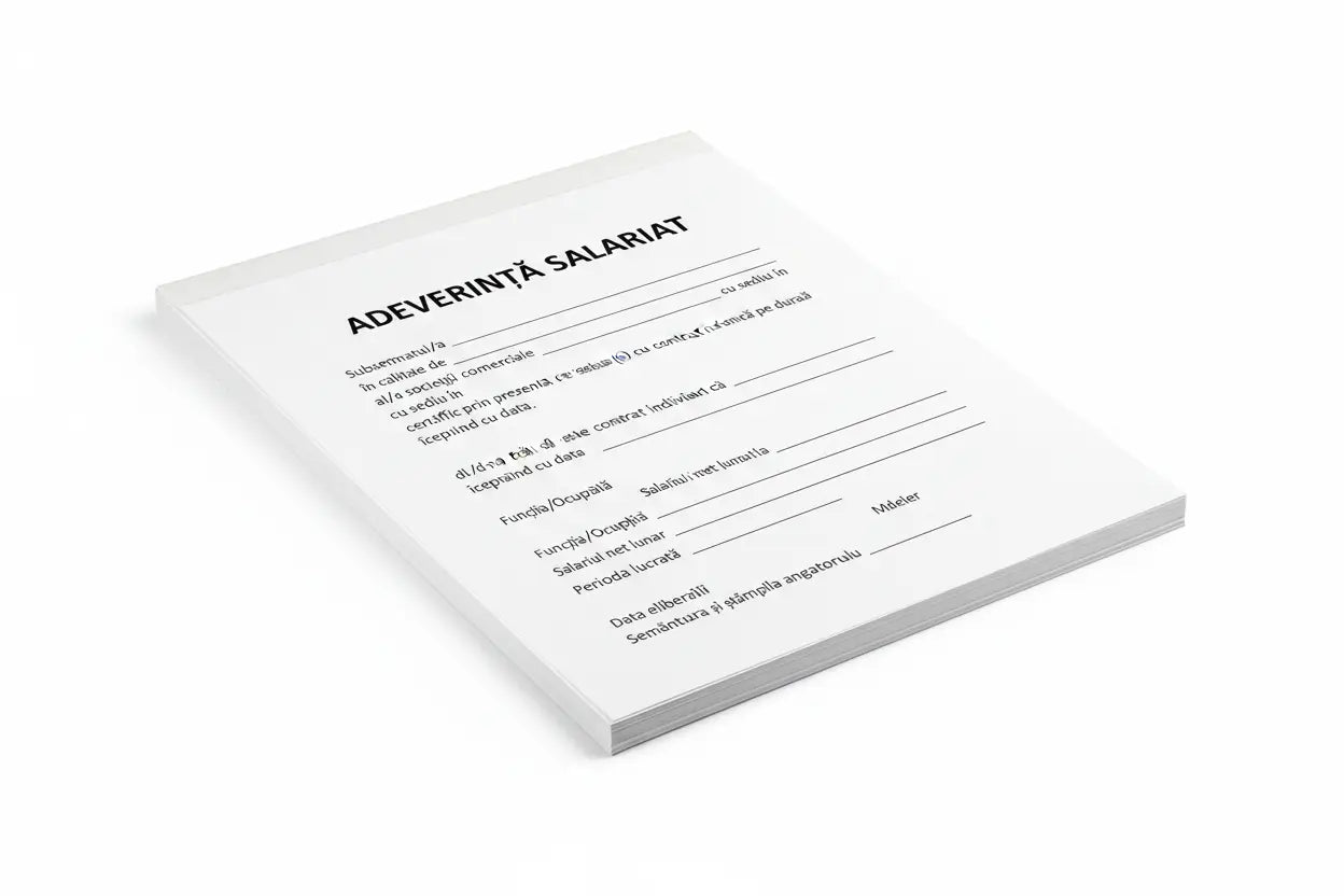 Adeverință salariat a5 alb cu text tipizat negru imprimat pe coperta pentru documente personalizabile 100 file