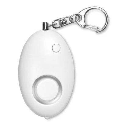 Alarmă personală albă, ovală, cu breloc argintiu pentru siguranță personală