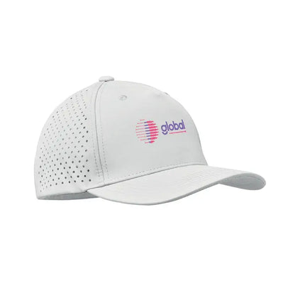 Apca de baseball cu 5 panouri alba perforata cu logo global roz si albastru din material 130 gr/m²