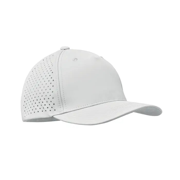 Sapca de baseball alba perforata cu 5 panouri 130 grm², cu cozoroc curbat si coroana structurata