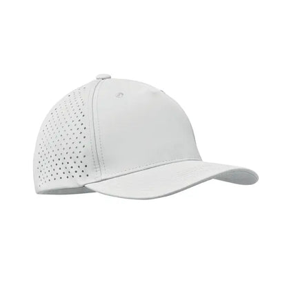 Sapca de baseball alba perforata cu 5 panouri 130 grm², cu cozoroc curbat si coroana structurata