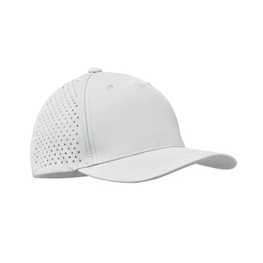Sapca de baseball alba perforata cu 5 panouri 130 grm², cu cozoroc curbat si coroana structurata