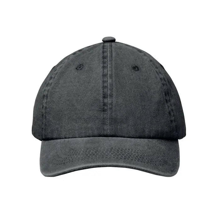 Sapca de baseball din denim gri inchis usor uzat cu 6 panouri si cusaturi vizibile, 265 gr pe metru patrat