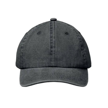 Sapca de baseball din denim gri inchis usor uzat cu 6 panouri si cusaturi vizibile, 265 gr pe metru patrat