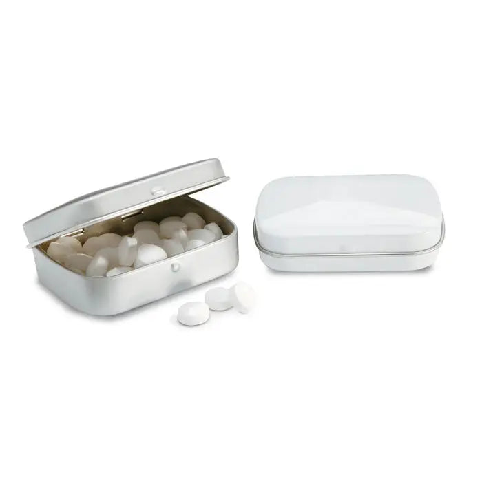 Argint usor de tabla cutie metalica argintie cu capac articulat si menti albe simple inauntru