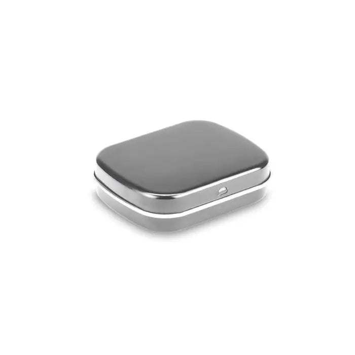 Argint usor de tabla cu menta cutie metalica dreptunghiulara argintie cu margini rotunjite si design minimalist