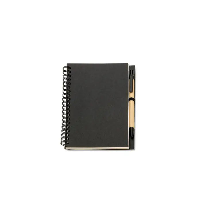 B6 caiet reciclat negru cu spirala si pix asortat prins lateral pentru notite ecologice