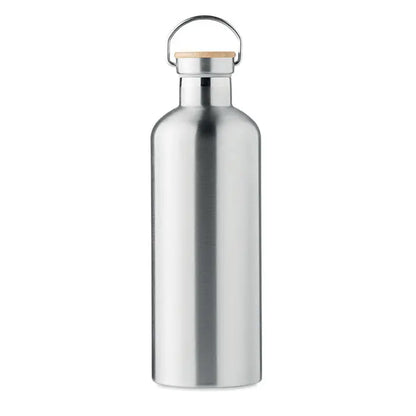 Balon cu perete dublu 1,5l sticla de apa din otel inoxidabil periat cu capac din bambus si inel metalic de transport