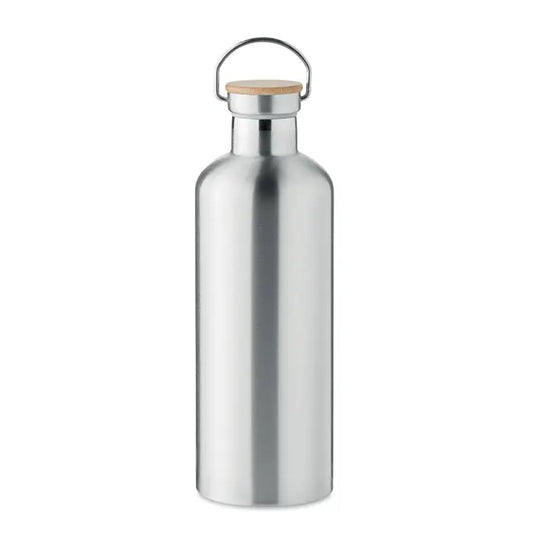 Balon cu perete dublu 1,5l din oțel inoxidabil cu capac din bambus și mâner metalic pentru transport