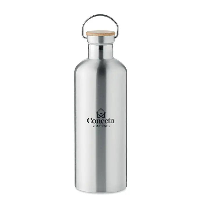Balon cu perete dublu 1,5l sticla argintie din otel inoxidabil cu capac din lemn si maner metalic cu logo cnecta smart home