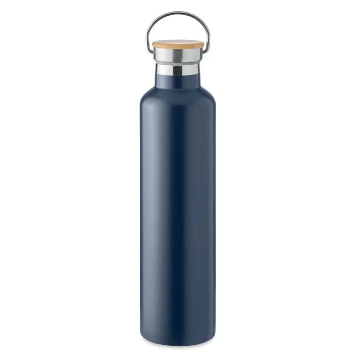 Balon cu perete dublu 1l sticla izoterma navy albastru cu capac de bambus si maner din otel inoxidabil