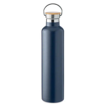 Balon cu perete dublu 1l sticla izoterma navy albastru cu capac de bambus si maner din otel inoxidabil