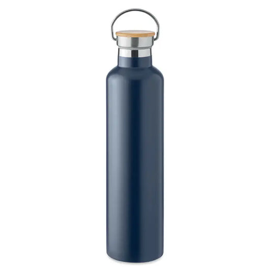 Balon cu perete dublu 1l sticla izoterma navy albastru cu capac de bambus si maner din otel inoxidabil