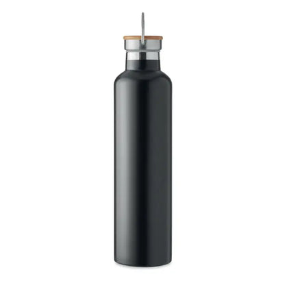 Balon cu perete dublu 1l sticla neagra mate din otel inoxidabil cu capac de bambus si pai metalic argintiu