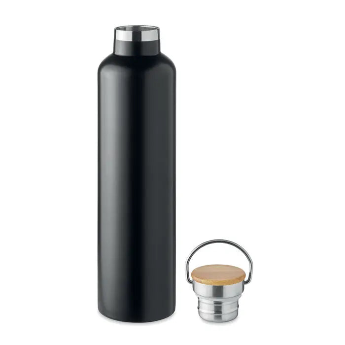 Balon cu perete dublu 1l sticla neagra din otel inoxidabil mat cu capac din bambus si accente metalice argintii