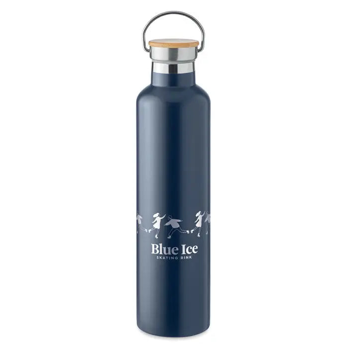 Balon cu perete dublu 1l sticla inox albastru inchis cu capac lemn si maner metalic, decor patinatori si text blue ice skating rink