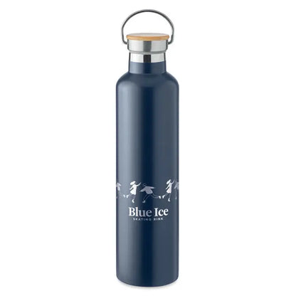 Balon cu perete dublu 1l sticla inox albastru inchis cu capac lemn si maner metalic, decor patinatori si text blue ice skating rink