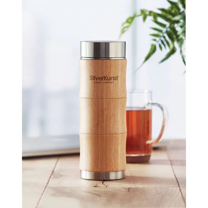 Balon cu perete dublu 350ml travel mug Silverkunst cu finisaj natural lemn si capac si baza din otel inoxidabil