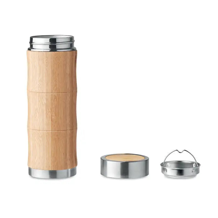 Balon cu perete dublu 350ml travel mug cu finisaj bambus si accente inoxidabile cu capac detasabil si maner metalic integrat