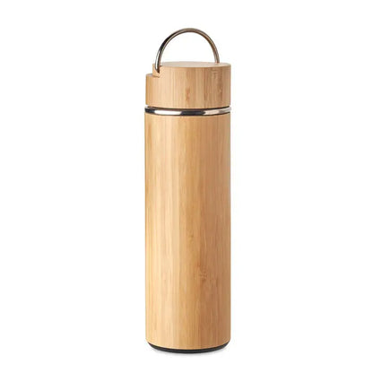 Balon cu perete dublu 400 ml un termos elegant din bambus cu textură naturală și rimă și mâner din oțel inoxidabil