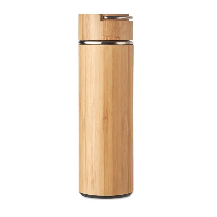 Balon cu perete dublu 400 ml este un termos elegant din bambus maro deschis cu capac si baza argintii