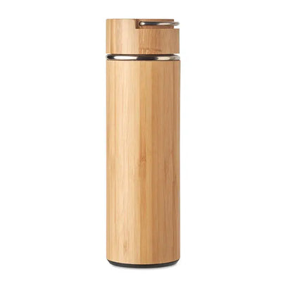 Balon cu perete dublu 400 ml este un termos elegant din bambus maro deschis cu capac si baza argintii