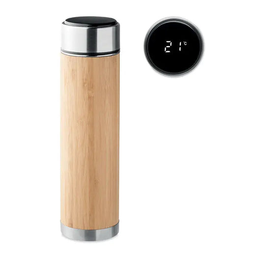Balon cu perete dublu 480 ml cu termos izolat din bambus si capac si baza din otel inoxidabil cu afisaj digital temperatura