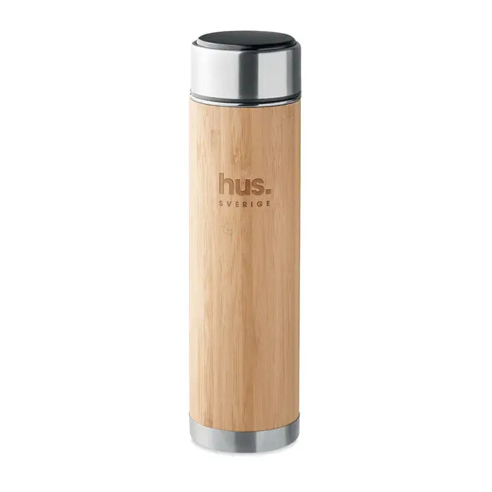 Balon cu perete dublu 480 ml sticla izolanta din bambus cu capac si baza din inox finisaj modern hus