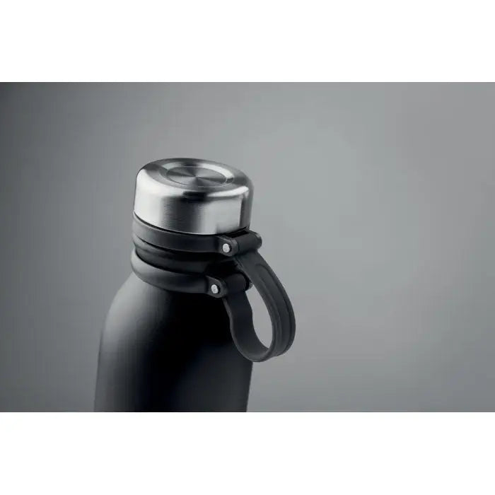 Balon cu perete dublu 600 ml sticla neagra mata cu capac argintiu din otel inoxidabil si curea siliconica neagra