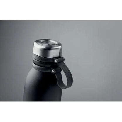 Balon cu perete dublu 600 ml sticla neagra mata cu capac argintiu din otel inoxidabil si curea siliconica neagra