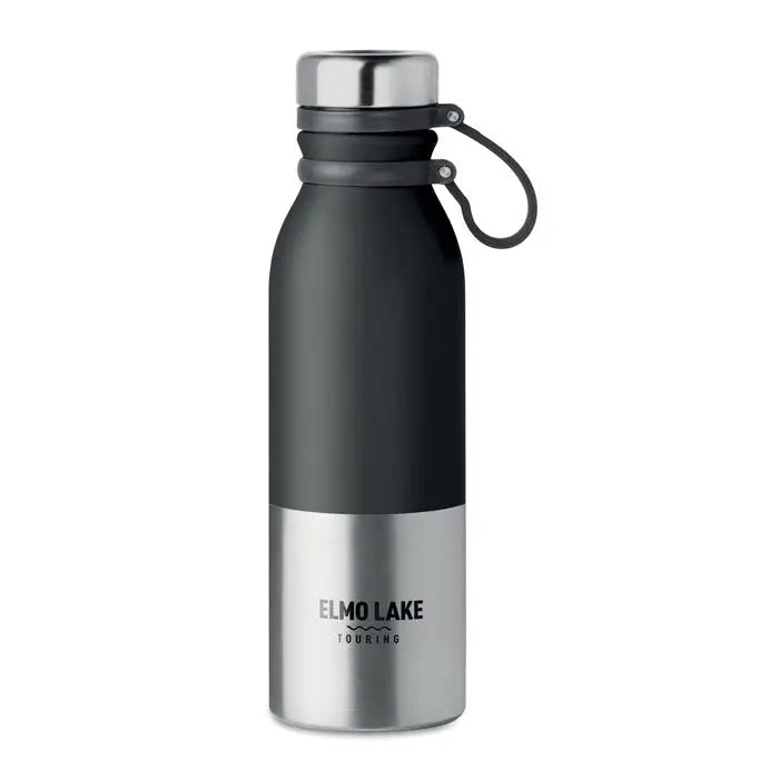 Balon cu perete dublu 600 ml negru si argintiu cu capac inox si banderola neagra din silicon cu maner si branding elmo lake touring