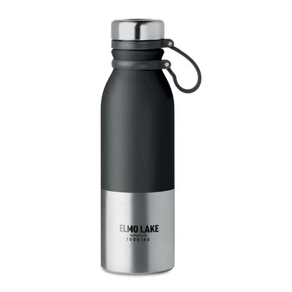 Balon cu perete dublu 600 ml negru si argintiu cu capac inox si banderola neagra din silicon cu maner si branding elmo lake touring