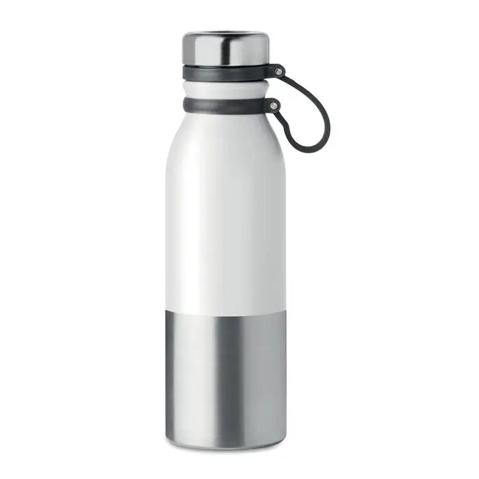 Balon cu perete dublu 600 ml din otel inoxidabil alb si argintiu cu curea antiderapanta neagra din silicon