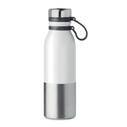 Balon cu perete dublu 600 ml din otel inoxidabil alb si argintiu cu curea antiderapanta neagra din silicon
