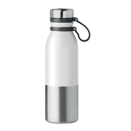 Balon cu perete dublu 600 ml din otel inoxidabil alb si argintiu cu curea antiderapanta neagra din silicon