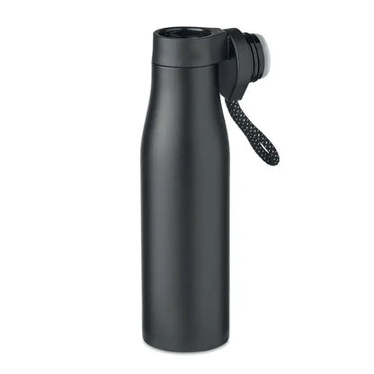 Balon cu perete dublu 600ml sticla izolata mata neagra cu design modern si curea de transport alb-negru