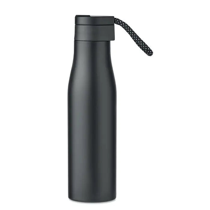 Balon cu perete dublu 600ml sticla izolanta neagra mata cu capac asortat si breloc alb-negru