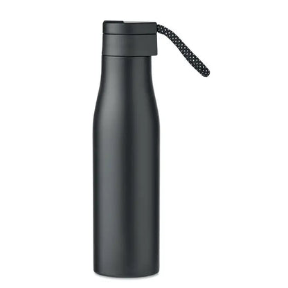 Balon cu perete dublu 600ml sticla izolanta neagra mata cu capac asortat si breloc alb-negru