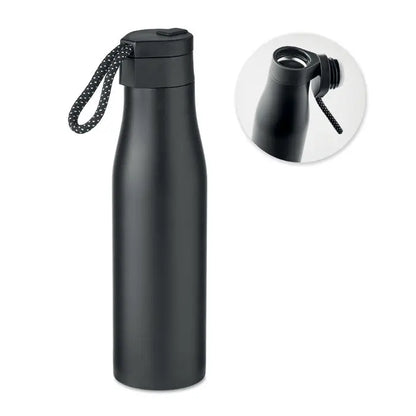 Balon cu perete dublu 600ml sticla neagra din otel inoxidabil mata cu capac negru si bretea patrata