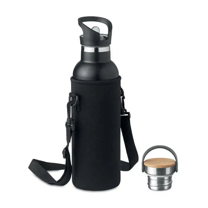 Balon cu perete dublu 700ml sticlă izolată neagră cu corp din oțel inoxidabil, husă neopren și capac din bambus