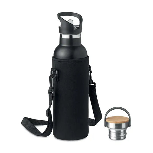 Balon cu perete dublu 700ml sticlă izolată neagră cu corp din oțel inoxidabil, husă neopren și capac din bambus