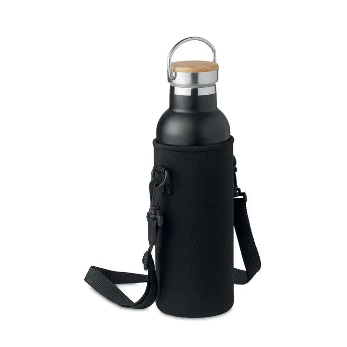 Balon cu perete dublu 700ml negru izolat cu capac din bambus si maner metalic argintiu in husa neopren cu bretea reglabila