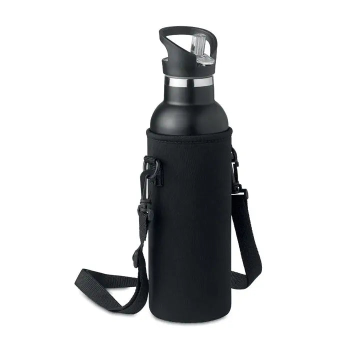 Balon cu perete dublu 700ml sticla izolanta neagra cu finisaj mat si banda argintie si husa de transport reglabila